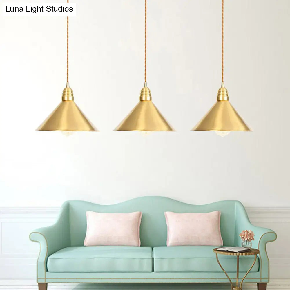 Antiqued Iron Gold Pendant Lamp with Single-Bulb, Flat/Bowl/Cone Shade Suspension Fixture