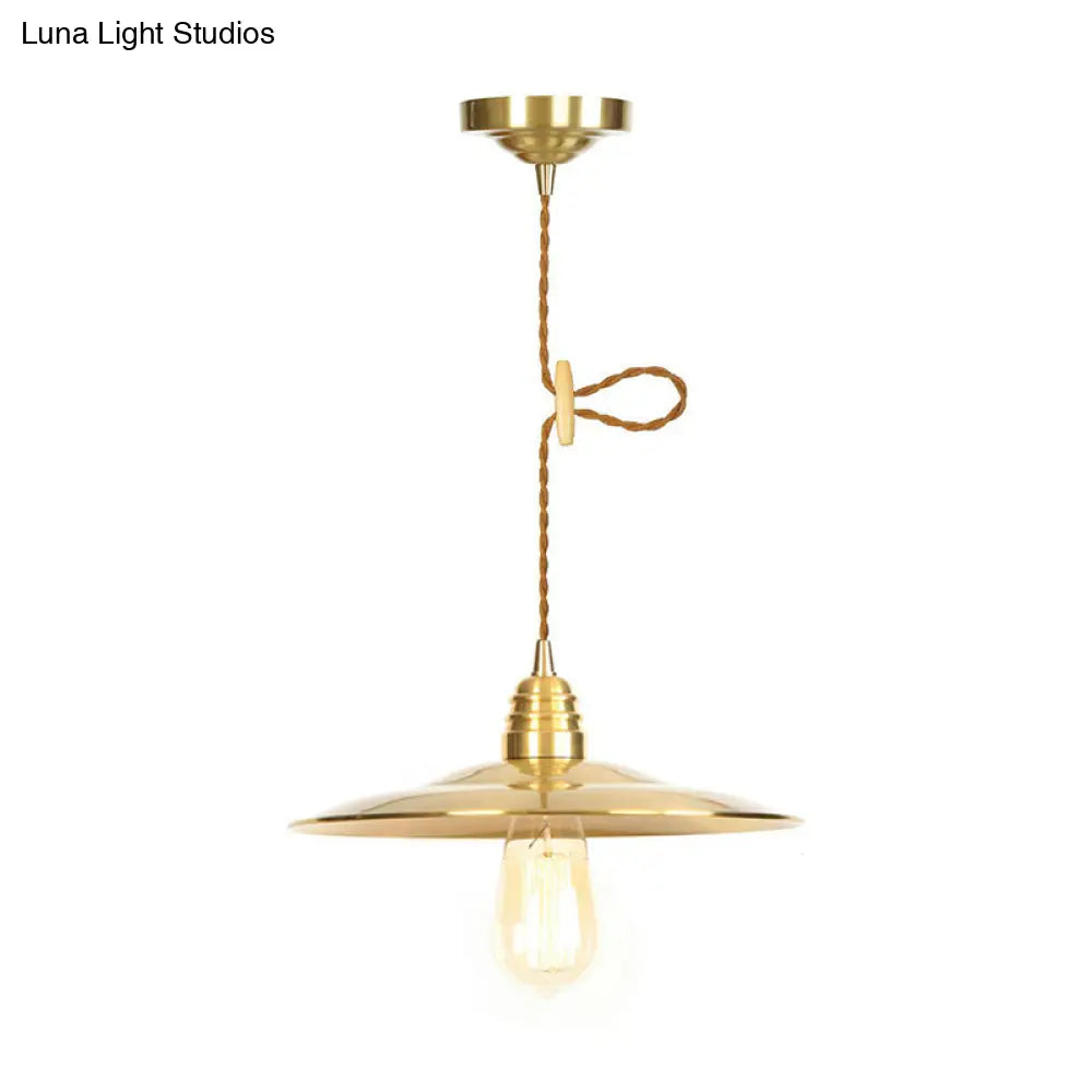 Antiqued Iron Gold Pendant Lamp with Single-Bulb, Flat/Bowl/Cone Shade Suspension Fixture