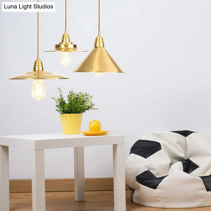 Antiqued Iron Gold Pendant Lamp with Single-Bulb, Flat/Bowl/Cone Shade Suspension Fixture