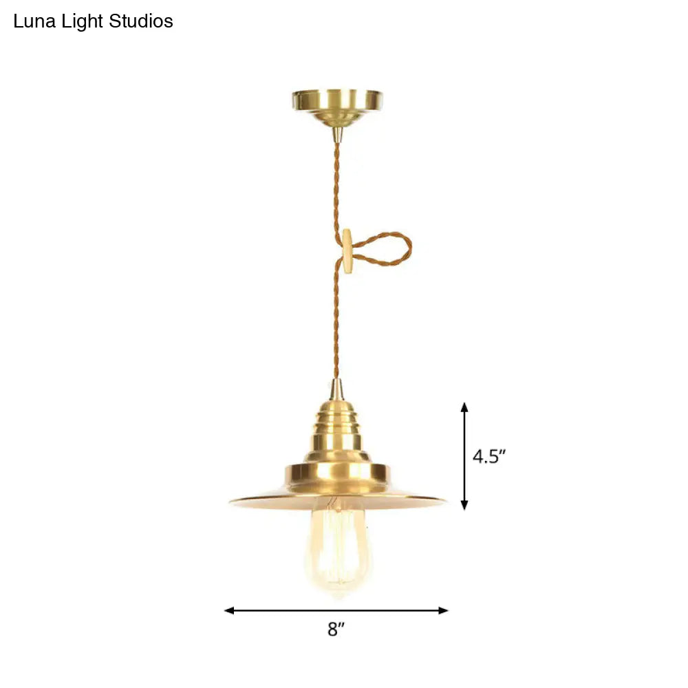 Antiqued Iron Gold Pendant Lamp with Single-Bulb, Flat/Bowl/Cone Shade Suspension Fixture