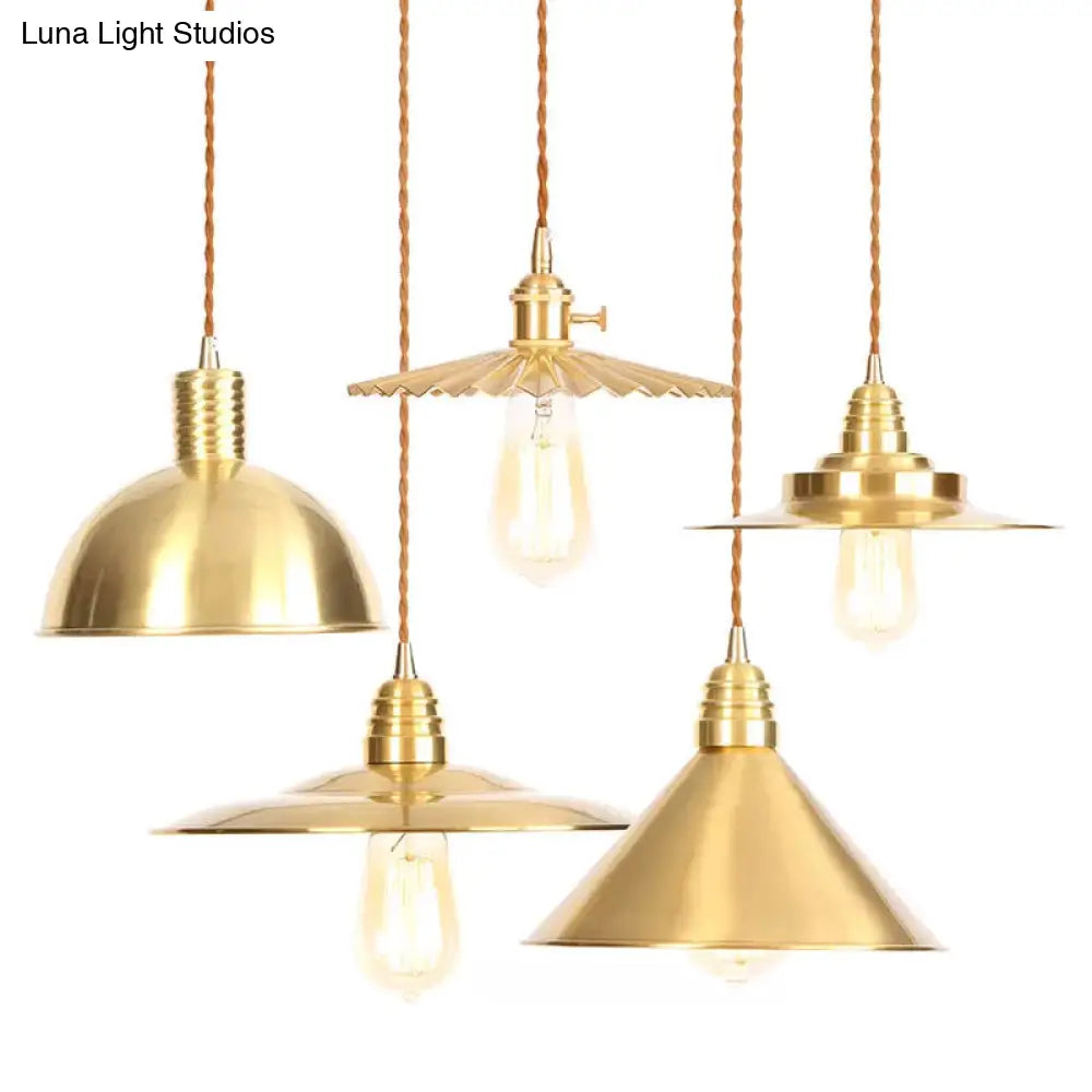 Antiqued Iron Gold Pendant Lamp with Single-Bulb, Flat/Bowl/Cone Shade Suspension Fixture