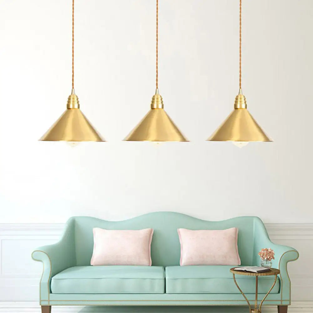 Antiqued Iron Gold Pendant Lamp with Single-Bulb, Flat/Bowl/Cone Shade Suspension Fixture