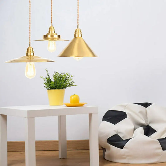 Antiqued Iron Gold Pendant Lamp with Single-Bulb, Flat/Bowl/Cone Shade Suspension Fixture