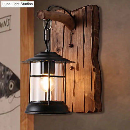 Aplique de pared antiguo de queroseno con cristal transparente y placa trasera de madera con forma de hoja/llave para iluminación de comedor