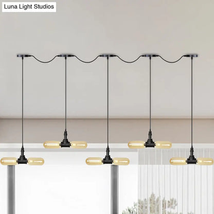 Antiqued LED Amber Glass Pendant Light – Black Hanging Capsule, 6/10/14-Light Tandem Multi Lamp