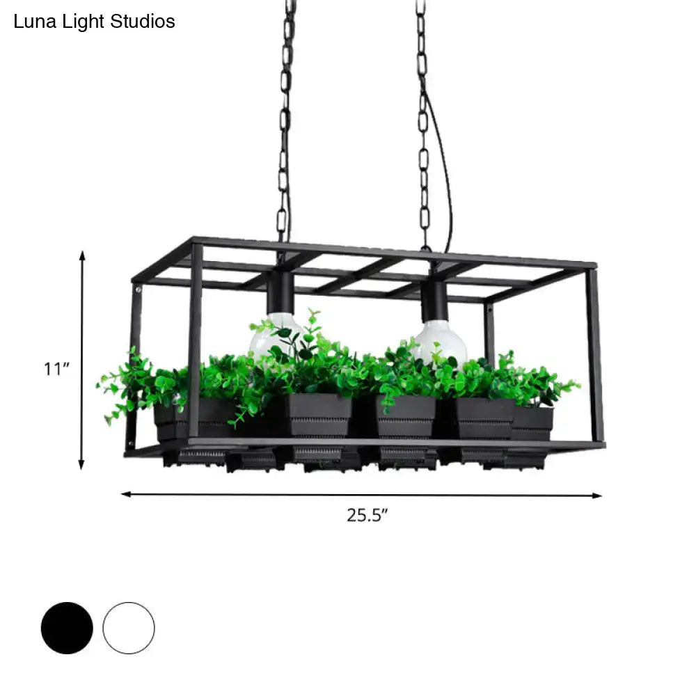 Black metal rectangular pendant island lamp with integrated planters and two white bulb ceiling light for restaurants