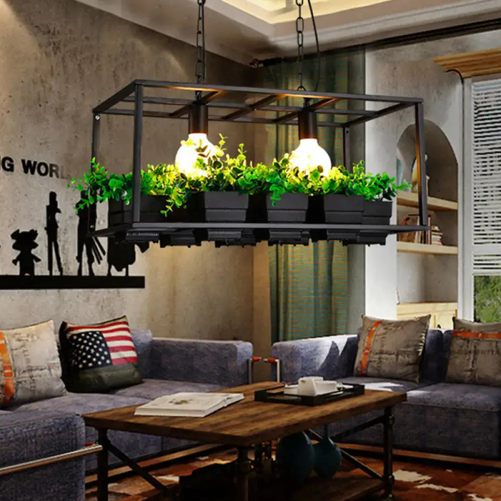 Industrial-style black metal decorbites island lamp ceiling light with two exposed bulbs and matching green hanging planters