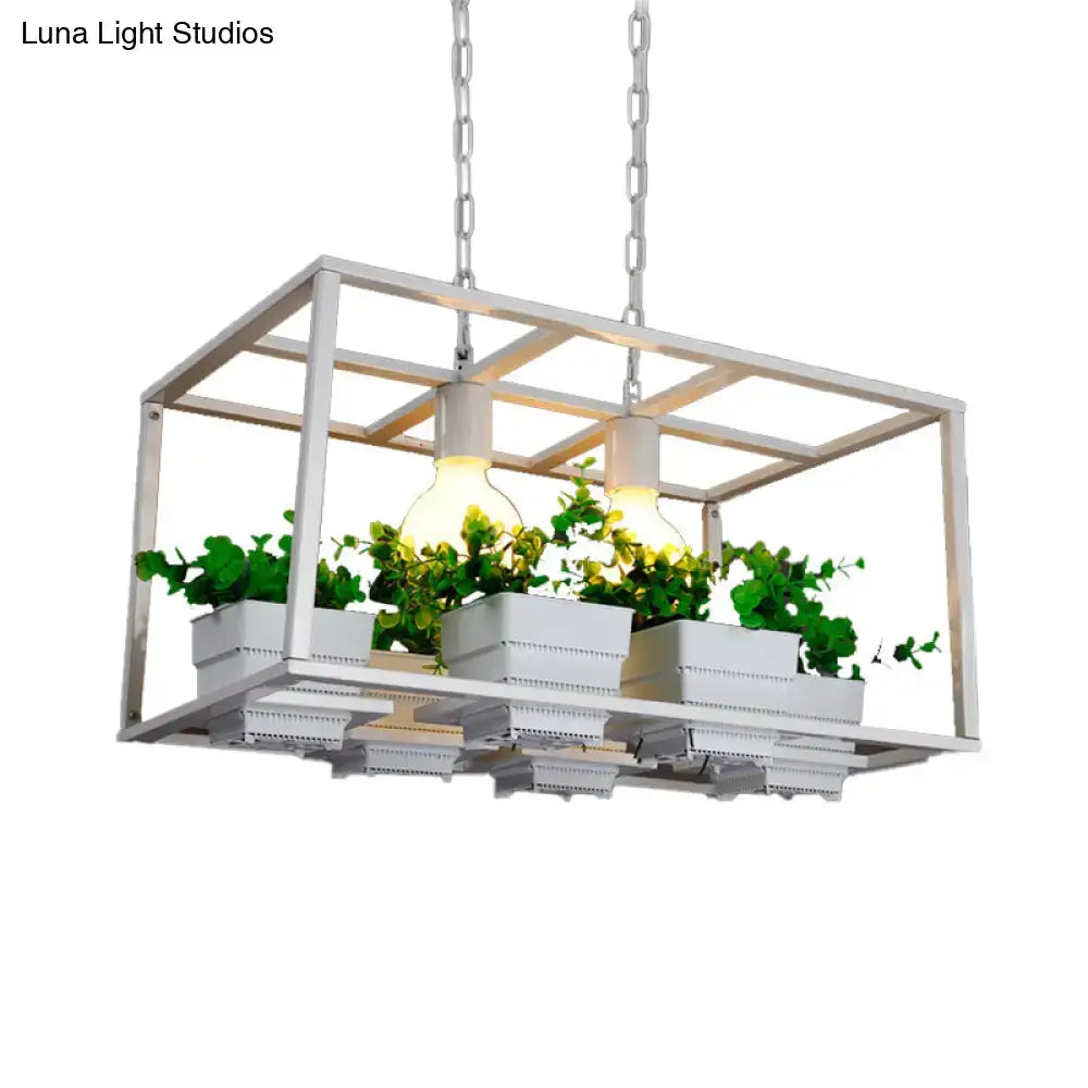 Modern white metal rectangular island lamp ceiling light with integrated planters and exposed bulbs in black white