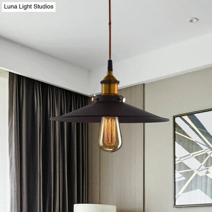 Antiqued Metal Pendant Light with Pulley and Flare Design for Living Room Ceiling - Black