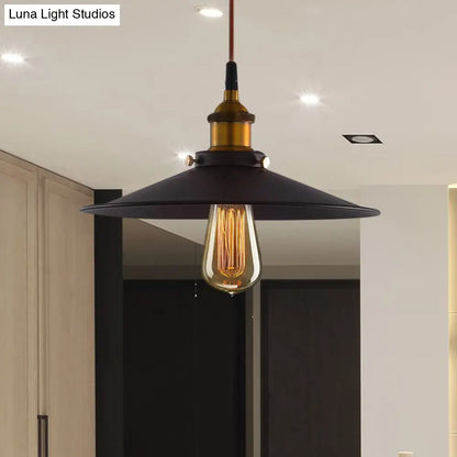 Antiqued Metal Pendant Light with Pulley and Flare Design for Living Room Ceiling - Black