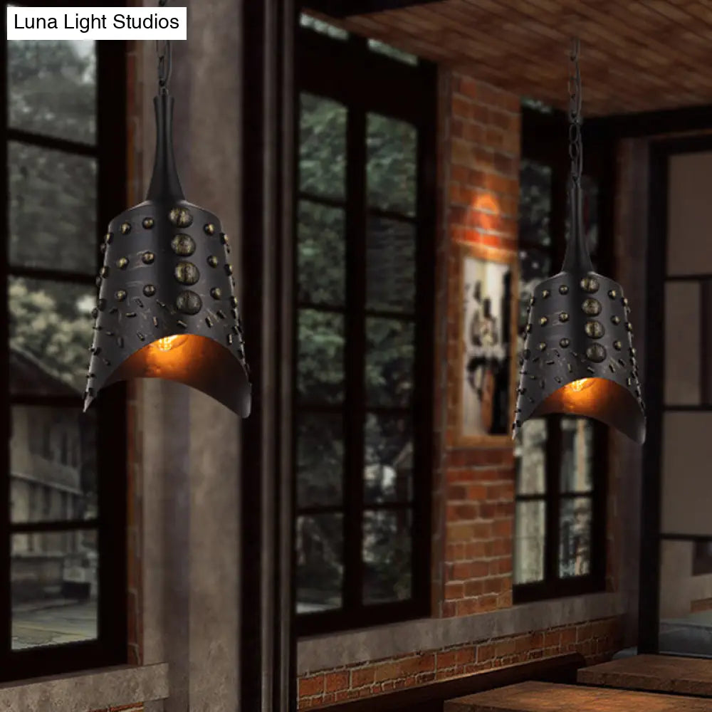 Antiqued Metallic Bell Bar Drop Pendant Light with Black Finish - 1-Light Suspension Lamp