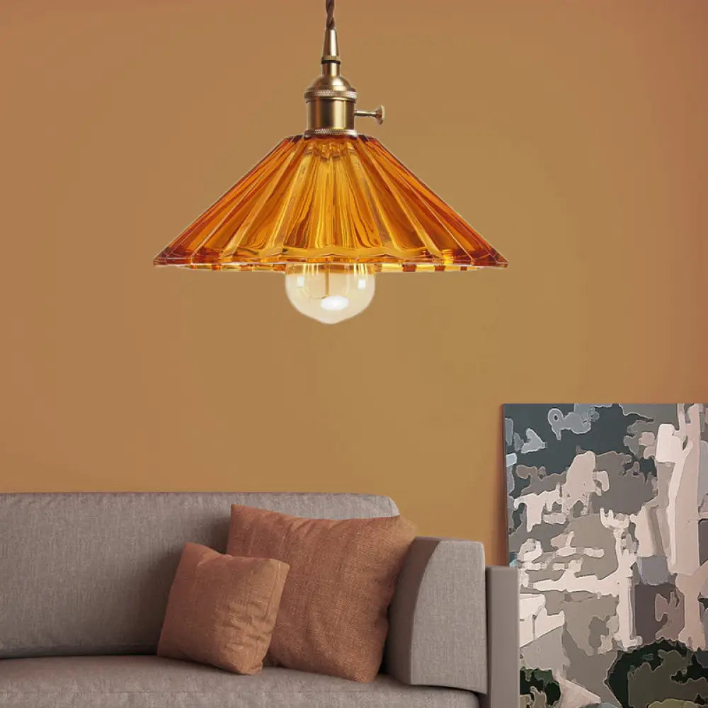 Antiqued Scalloped Pendant Lamp in Grey/Orange/Blue Glass with Brass Hanging Kit