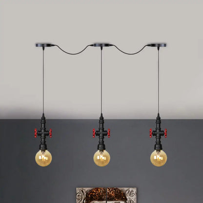 Antiqued Sphere Multi Light Chandelier with Amber Glass Pendant - LED Suspension in Black (3/5/7-Bulb)