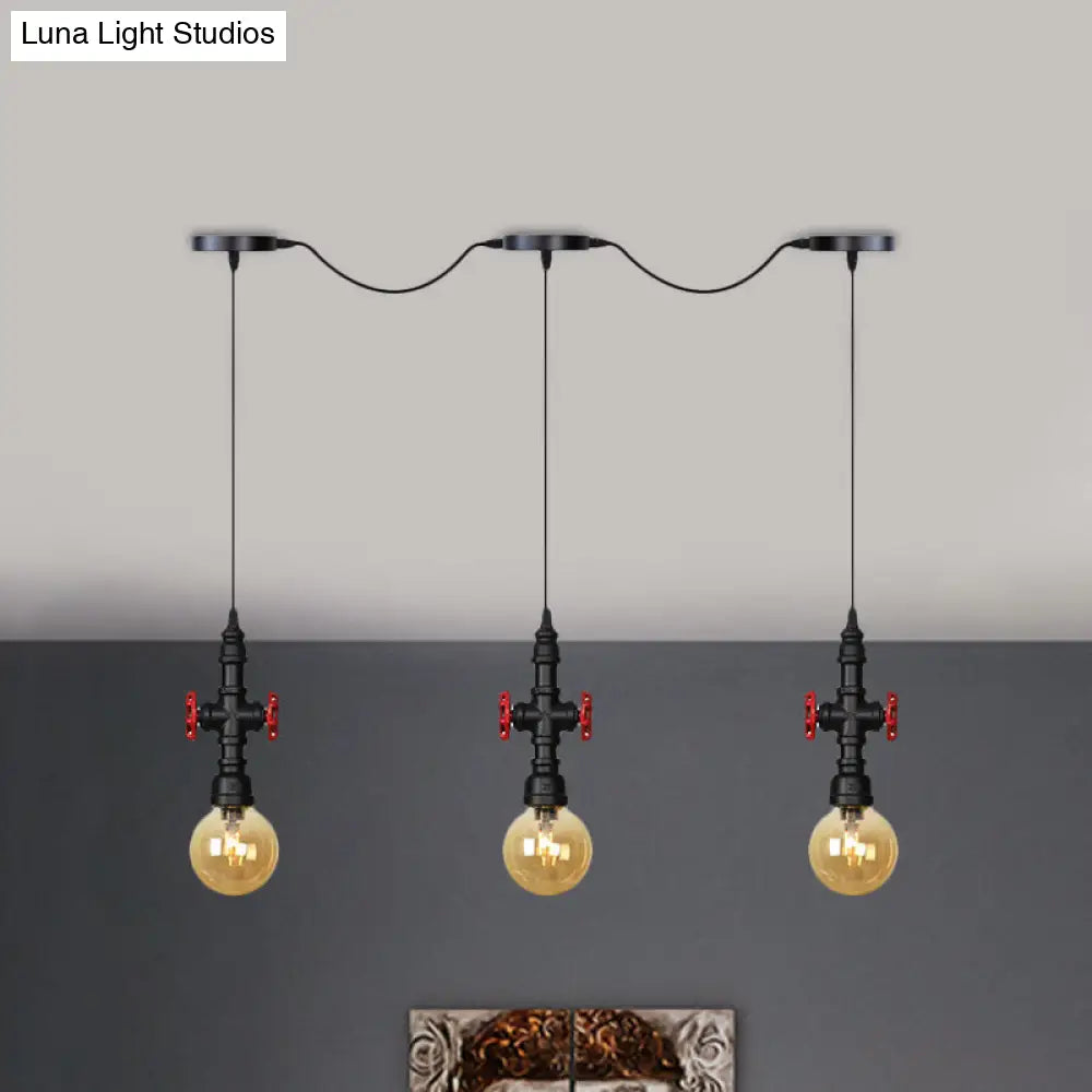 Antiqued Sphere Multi Light Chandelier with Amber Glass Pendant - LED Suspension in Black (3/5/7-Bulb)