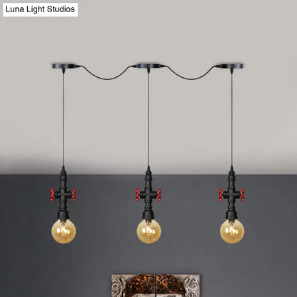 Antiqued Sphere Multi Light Chandelier with Amber Glass Pendant - LED Suspension in Black (3/5/7-Bulb)