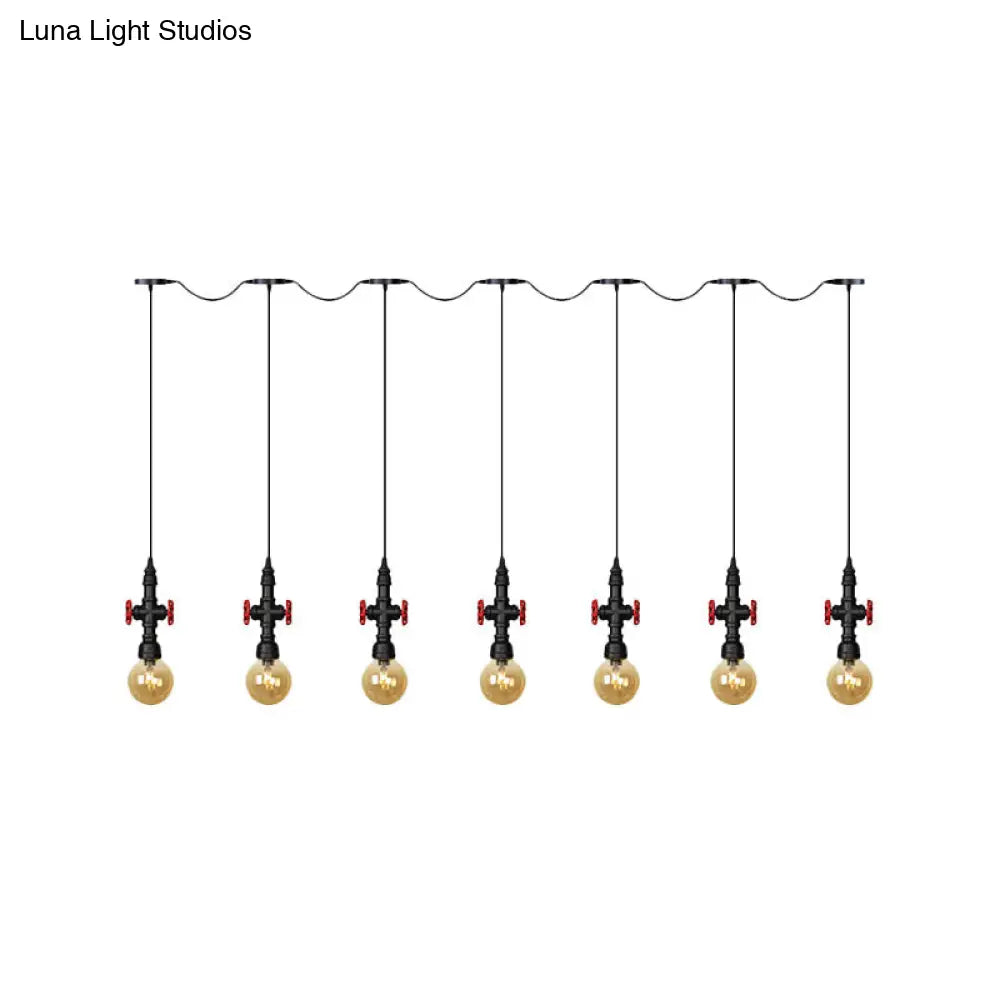 Antiqued Sphere Multi Light Chandelier with Amber Glass Pendant - LED Suspension in Black (3/5/7-Bulb)