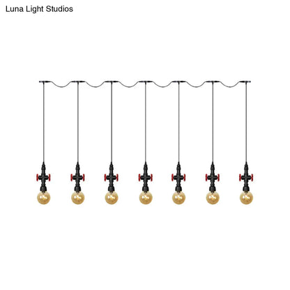 Antiqued Sphere Multi Light Chandelier with Amber Glass Pendant - LED Suspension in Black (3/5/7-Bulb)