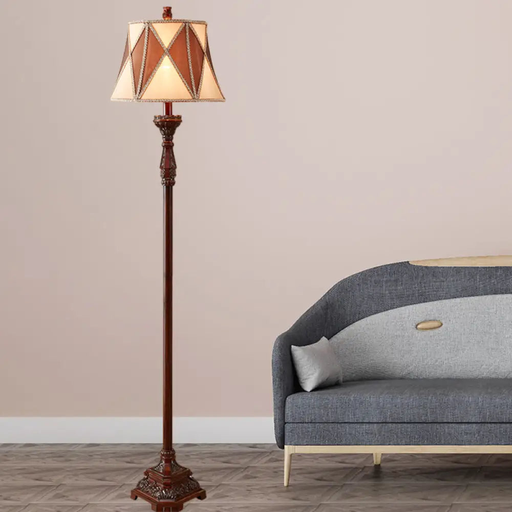 Antiqued Style Red Brown Floor Lamp with Harlequin Design and Flared Fabric Shade, 1 Bulb