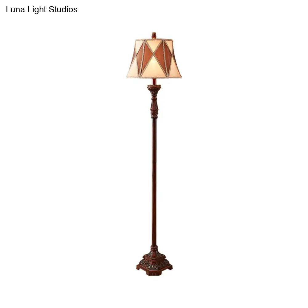 Antiqued Style Red Brown Floor Lamp with Harlequin Design and Flared Fabric Shade, 1 Bulb