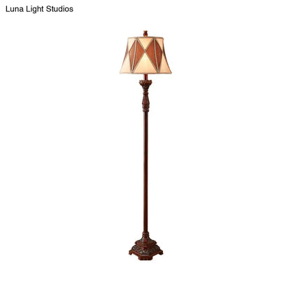 Antiqued Style Red Brown Floor Lamp with Harlequin Design and Flared Fabric Shade, 1 Bulb