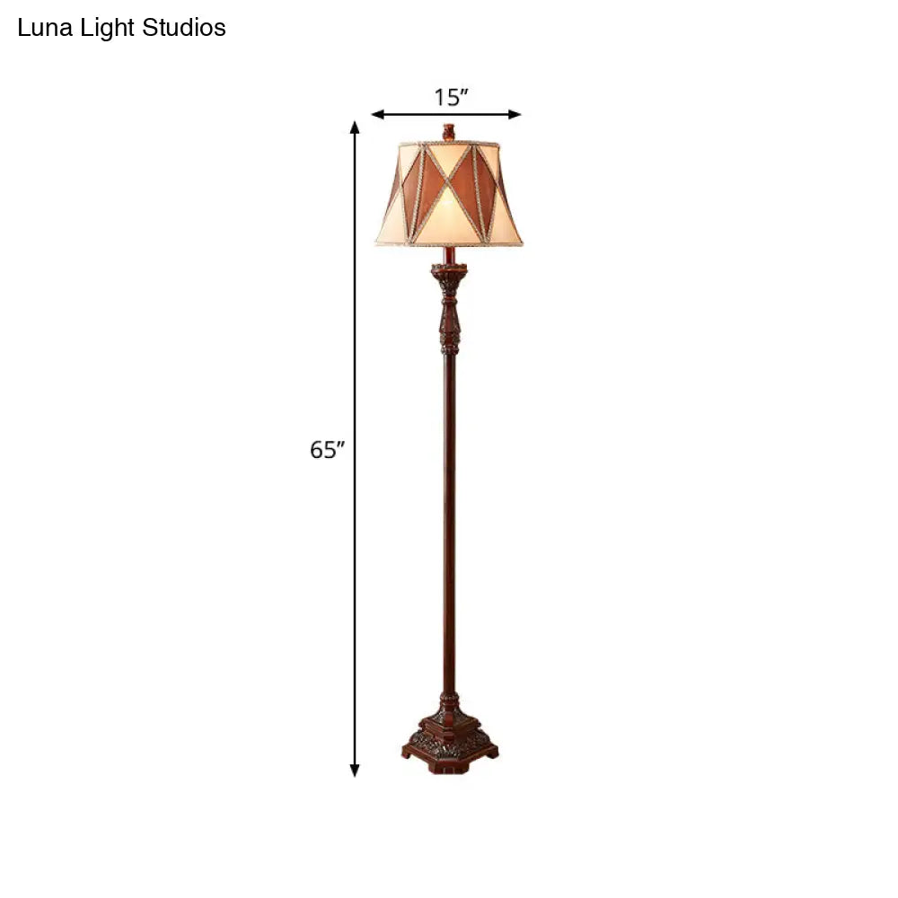 Antiqued Style Red Brown Floor Lamp with Harlequin Design and Flared Fabric Shade, 1 Bulb