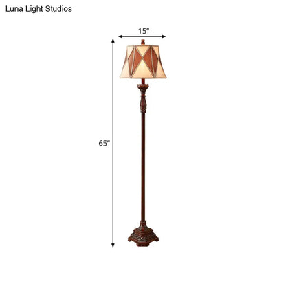 Antiqued Style Red Brown Floor Lamp with Harlequin Design and Flared Fabric Shade, 1 Bulb