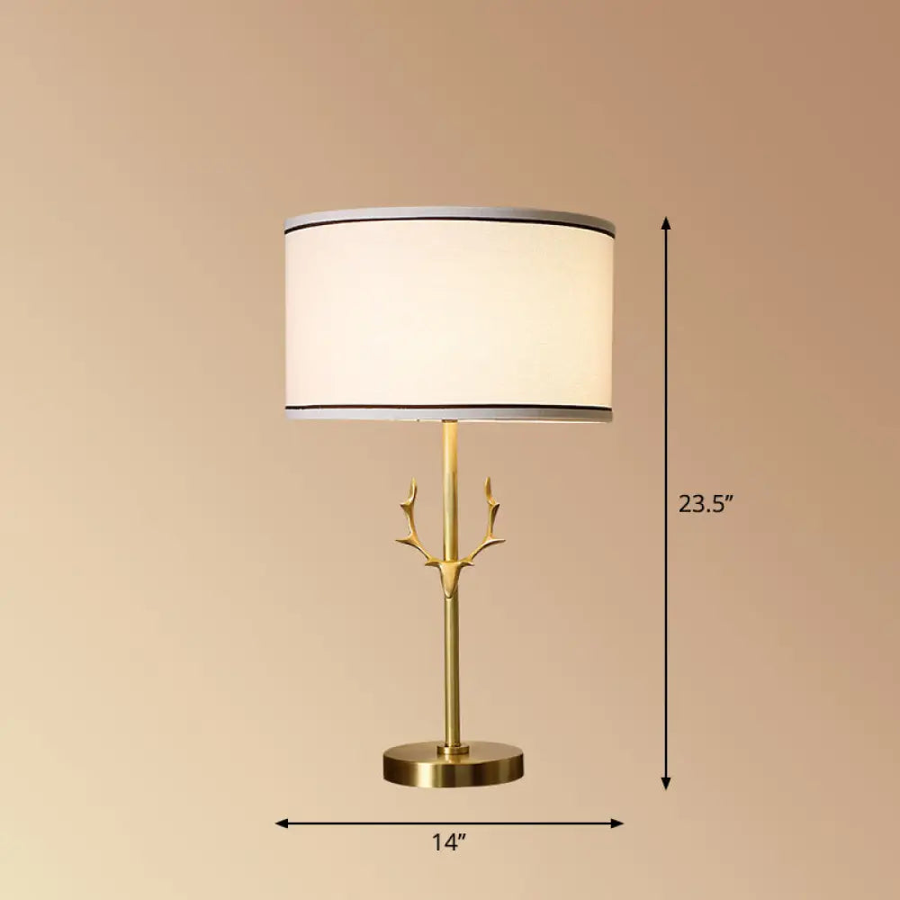 Antler Decor Fabric Drum Table Lamp - Simplicity 1 Bulb, White Bedside Nightstand Light