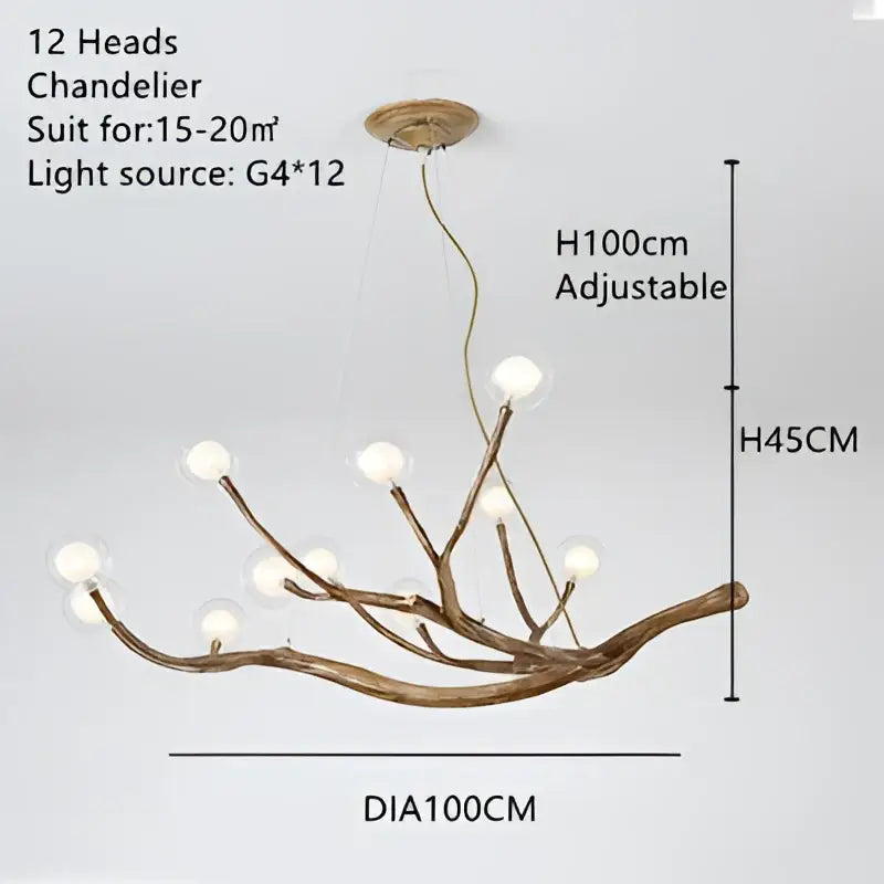 Rustic antler style pendant light with 12 warm wood branch heads and clear glass bubble led globes for dining room decorbites glass bubble