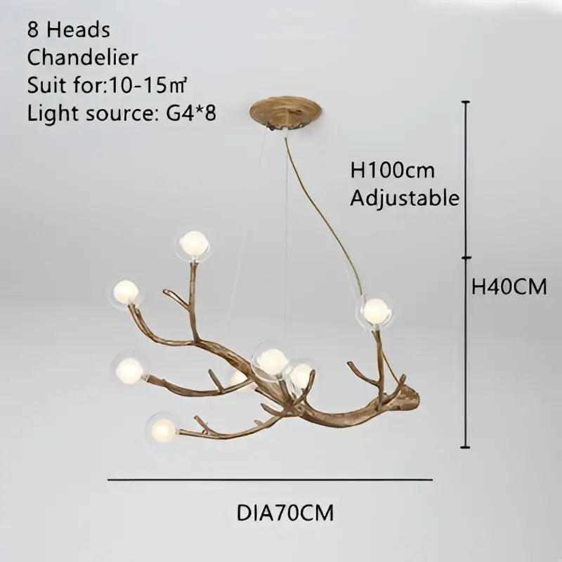 Bronze branch-shaped pendant light with eight white glass bubble led bulbs for dining room decorbites glass bubble design