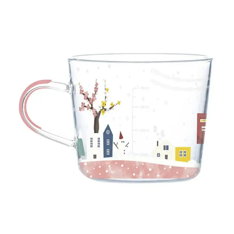 Clear glass 500ml glass mug with pink handle and colorful illustrated winter village for kitchen breakfast use