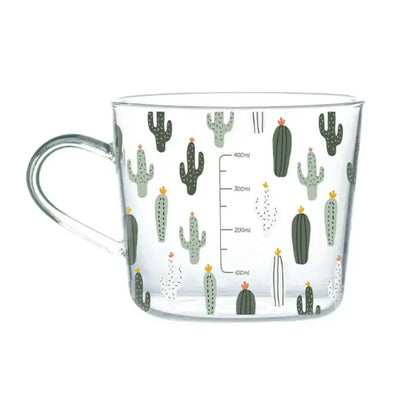 Clear glass 500ml glass mug with handle featuring apricot and orange pattern and green and white cacti design