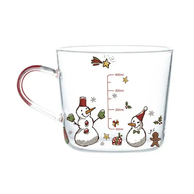 Clear 500ml glass mug with festive apricot and orange pattern featuring snowmen stars and gingerbread man accents