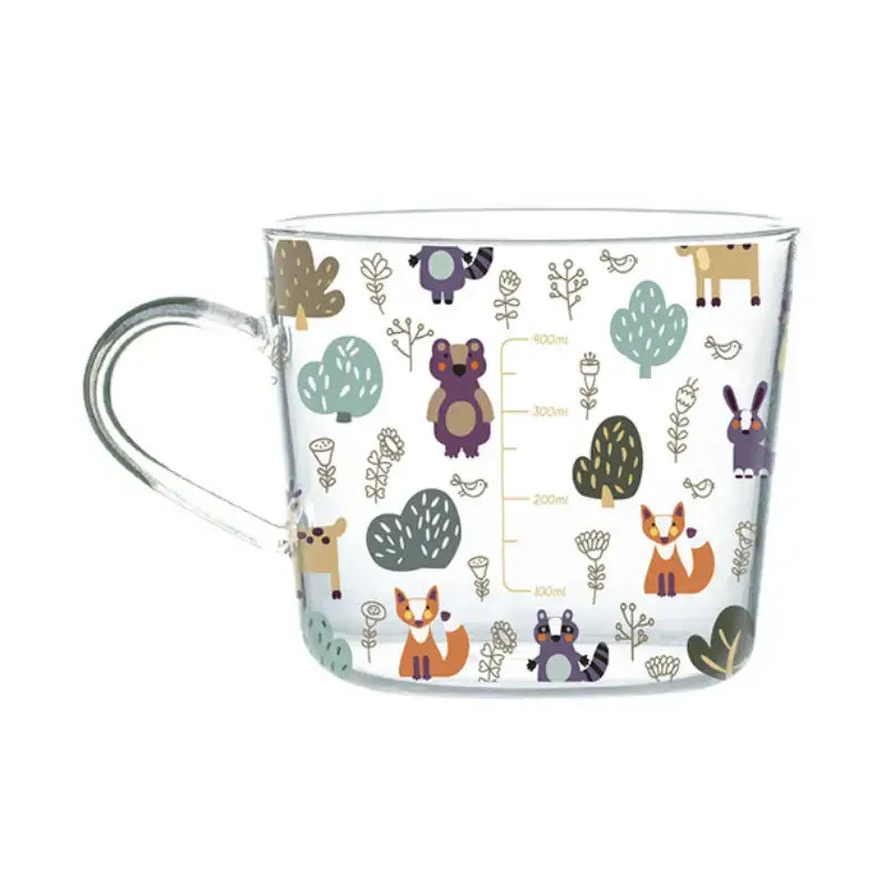 Clear glass 500ml glass mug with handle featuring apricot and orange pattern with colorful forest animals and foliage