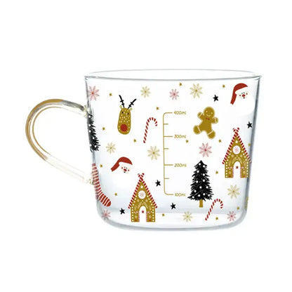 Clear glass 500ml glass mug with gold handle and festive apricot and orange pattern for kitchen breakfast use