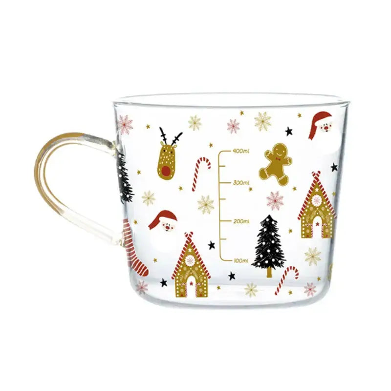 Clear glass 500ml glass mug with gold handle and festive apricot and orange pattern for kitchen breakfast use