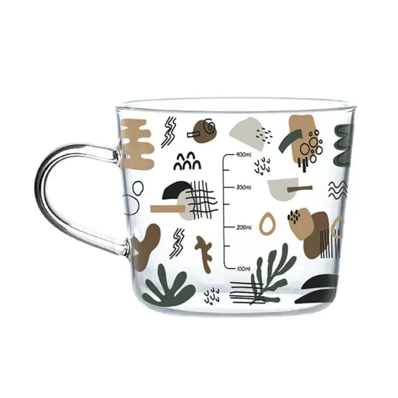 Clear glass 500ml glass mug with handle featuring apricot and orange earthy abstract design for kitchen breakfast