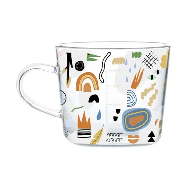 Clear glass 500ml glass mug with apricot and orange abstract pattern for kitchen breakfast use