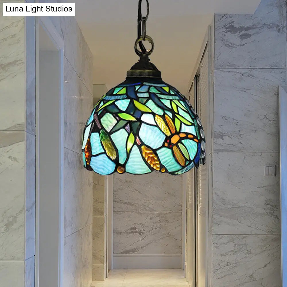 Aqua Hand Cut Glass Domed Hanging Lamp with Dragonfly Pattern - Mediterranean Pendant Light