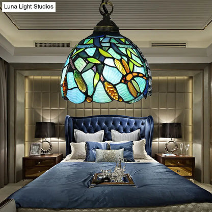 Aqua Hand Cut Glass Domed Hanging Lamp with Dragonfly Pattern - Mediterranean Pendant Light