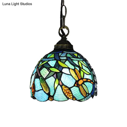 Aqua Hand Cut Glass Domed Hanging Lamp with Dragonfly Pattern - Mediterranean Pendant Light