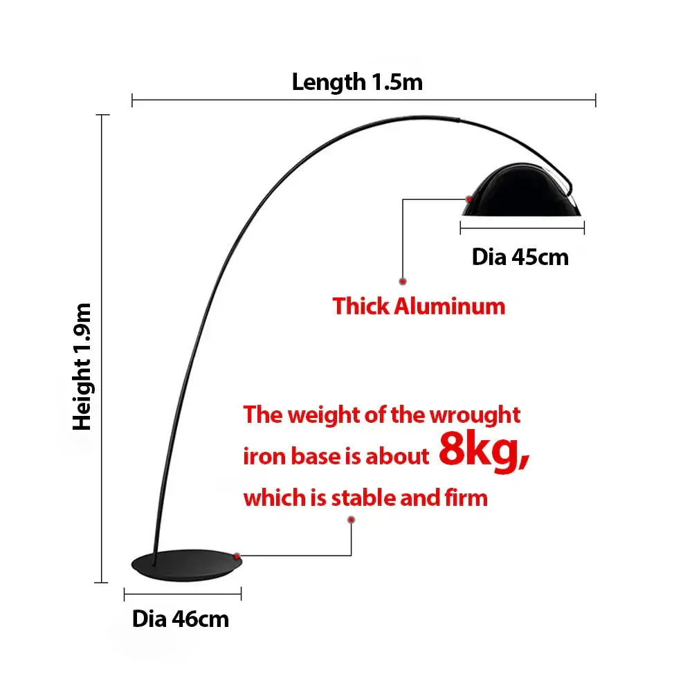 Arched black aluminum shade floor lamp with thick aluminum frame and wrought iron base for living room decorbites aluminum shade