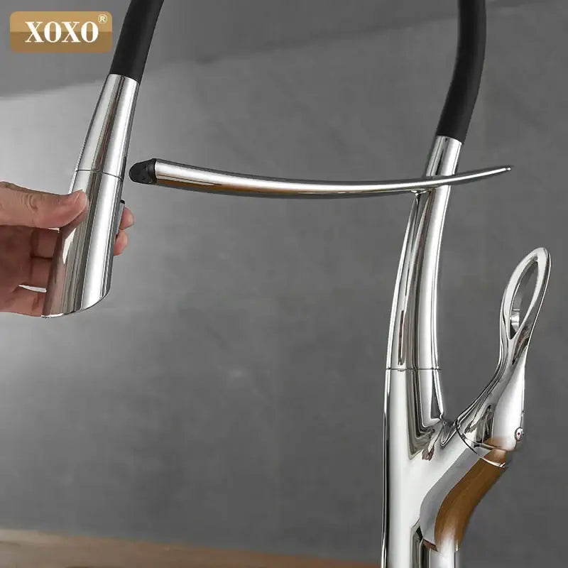 Arched brushed nickel kitchen faucet by xoxo with sleek chrome finish and black rubberized hose for modern kitchen decorbites brushed nickel