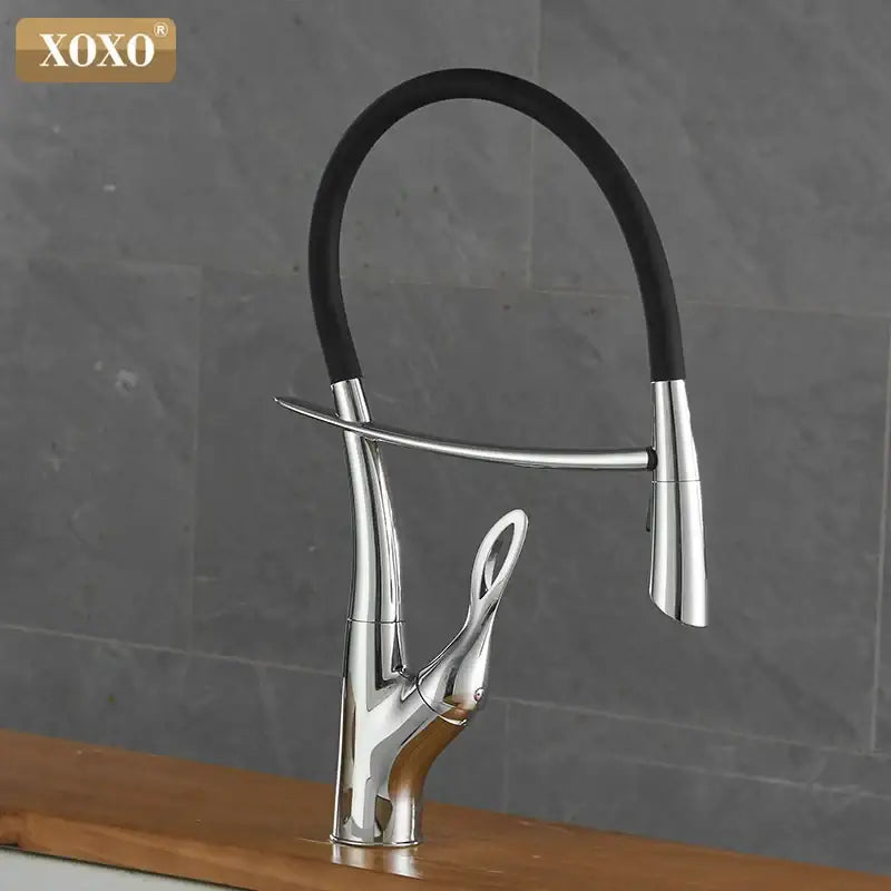 Arched brushed nickel kitchen faucet with black rubberized hose and chrome xoxo finish flexible pull-down spout decorbites brushed nickel