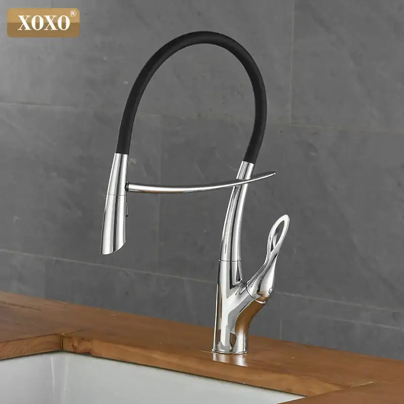 Arched brushed nickel kitchen faucet with sleek chrome finish and black rubberized flexible hose for modern brushed nickel kitchen decorbites