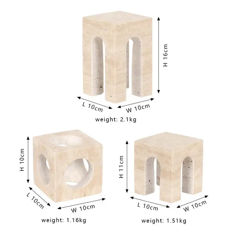Beige travertine coffee table cabinet with arched cutouts and square minimalist design for living room use