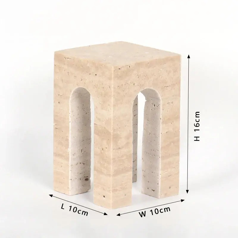 Beige travertine coffee table cabinet with two arched openings designed as a living room stool and side table