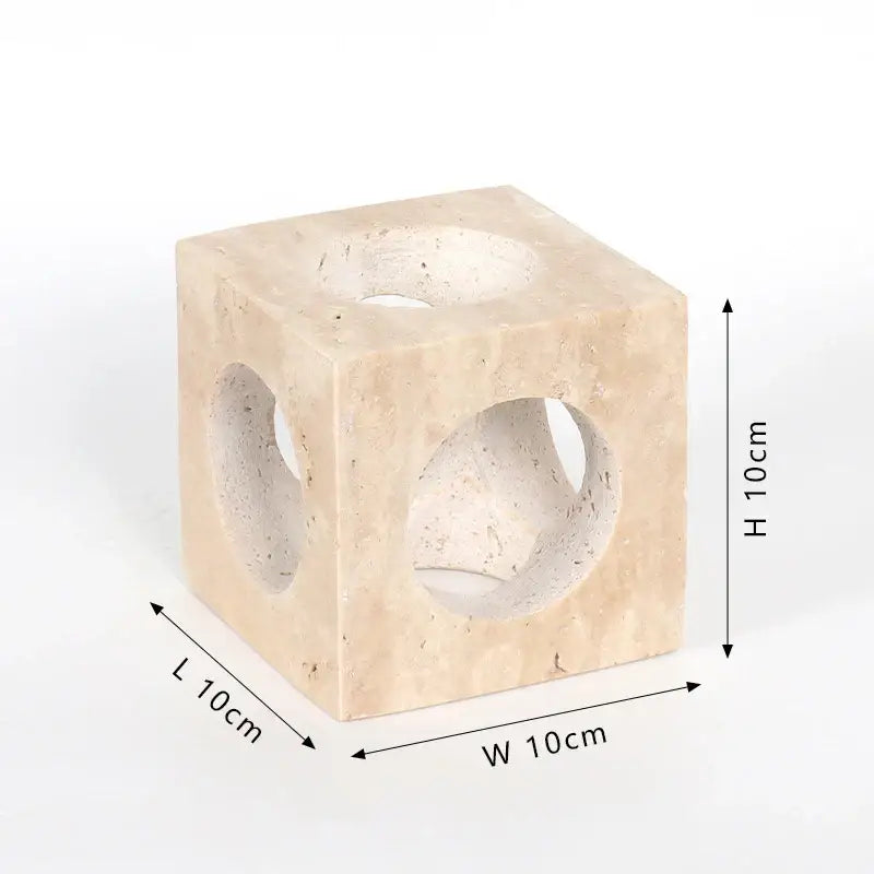 Beige travertine coffee table cabinet stone candle holder cube with three circular cutouts for living room decor