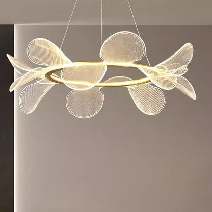 Modern white flower-shaped pendant light with gold accents and a mesh design.