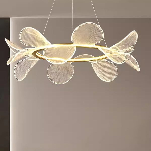 Modern white flower-shaped acrylic pendant light with gold accents and mesh design for minimalistic bedroom chandelier