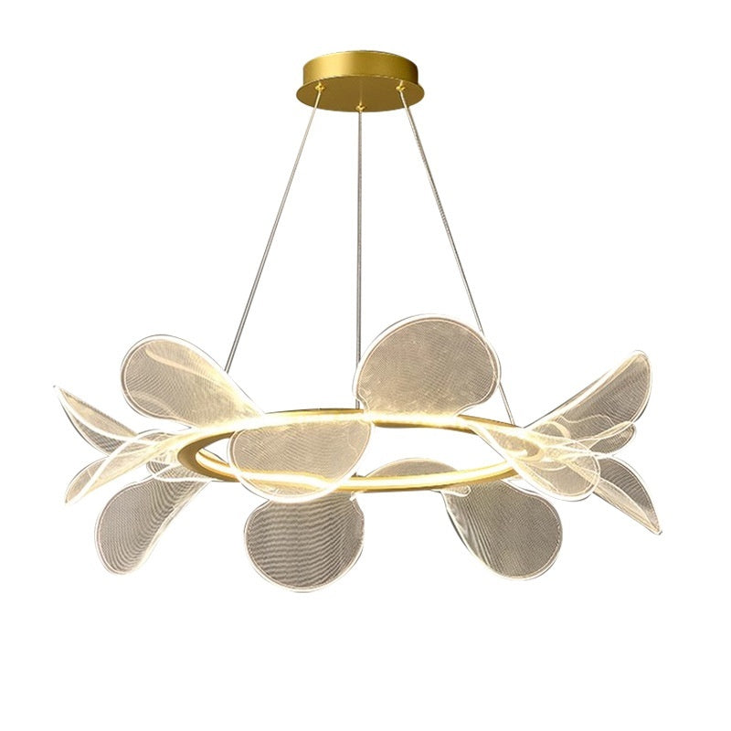 Gold circular chandelier with petal-like leaves and mesh texture.
